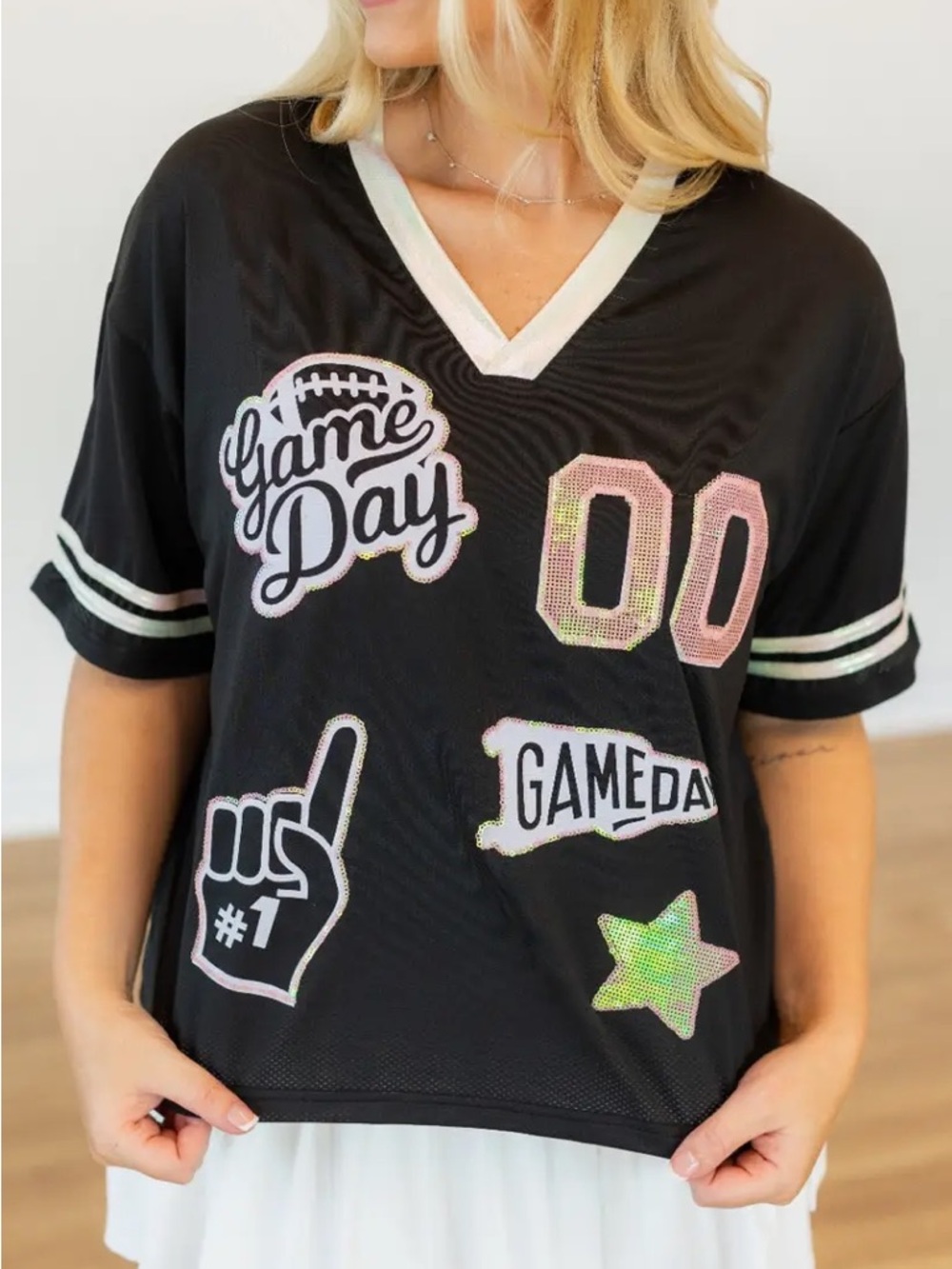 Women's Black Game Day Jersey Top with Holographic Pink Accents